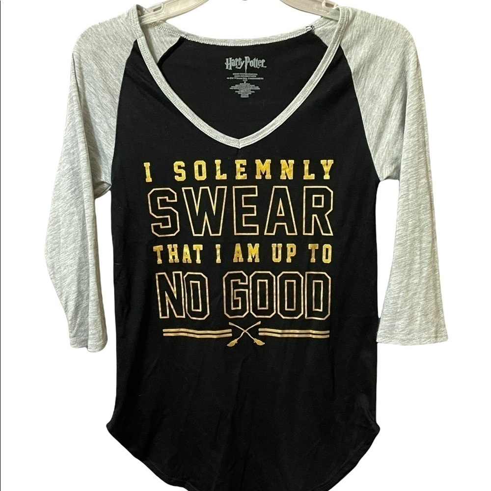 Harry Potter Up to no good v-neck baseball shirt black with gray sleeves Small